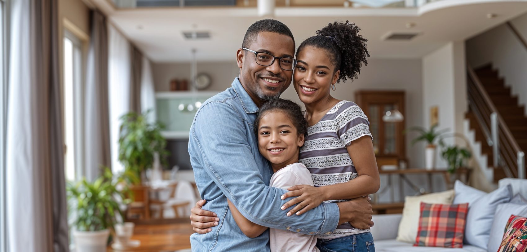 A father embracing his two daughters at home